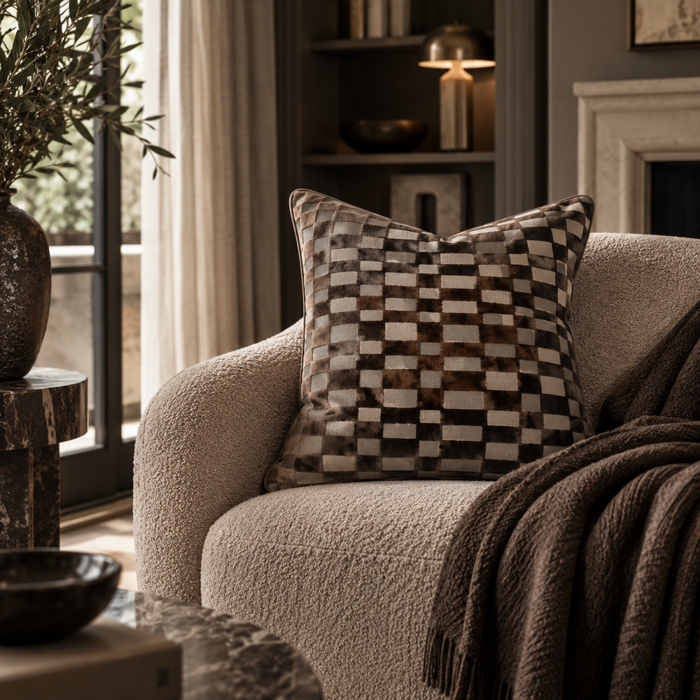 A square throw pillow with a brown, beige, and black checkerboard patchwork pattern, styled on a textured cream boucle armchair in a cozy living room setting.