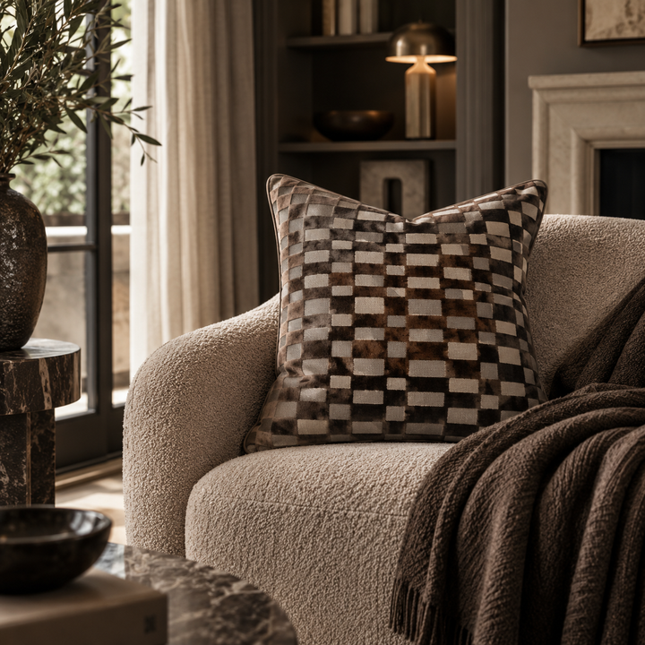 A square throw pillow with a brown, beige, and black checkerboard patchwork pattern, styled on a textured cream boucle armchair in a cozy living room setting.