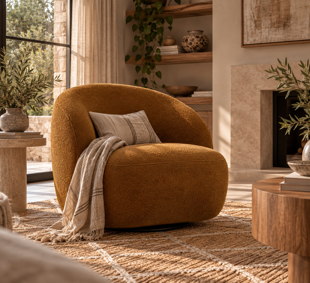 A rounded, low-profile armchair upholstered in a textured mustard-brown bouclé fabric, styled in a warm, sunlit living room with a striped throw pillow and a cream fringed throw blanket.