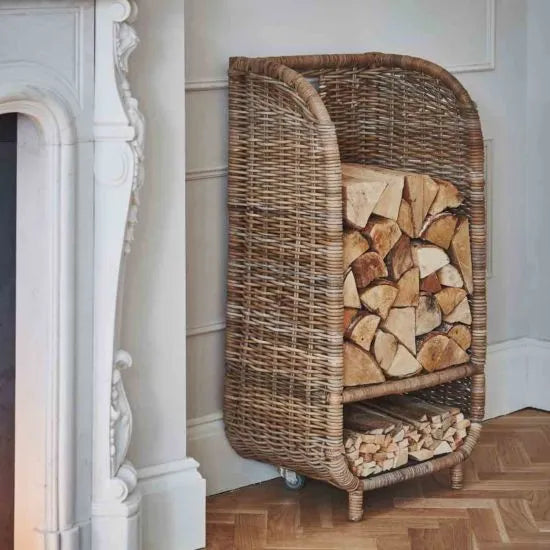 Ivyline Natural Rattan Log Trolley with Kindling Shelf