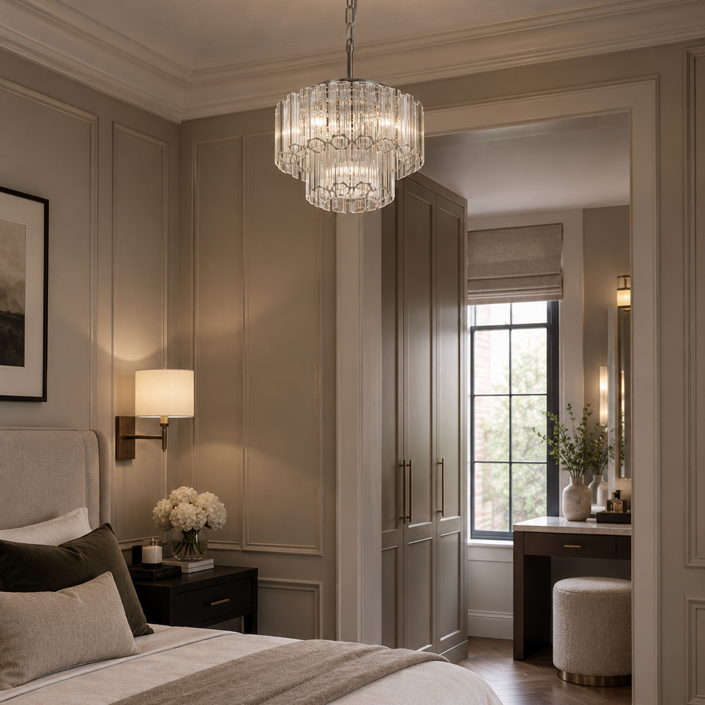 A luxury bedroom interior featuring a tiered crystal chandelier hanging from the ceiling, a neatly made bed with neutral-toned bedding, and elegant room details.