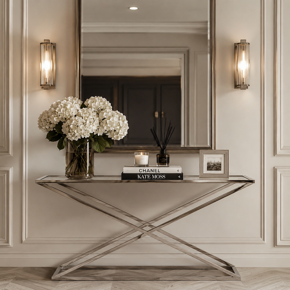 A modern console table with a mirrored glass top and an X-shaped brushed metal base, styled in a classic entryway. The table is decorated with a large vase of white hydrangeas, a candle, a reed diffuser, and a small framed print.