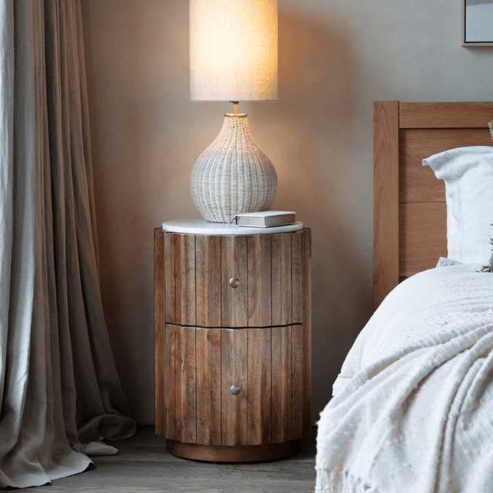 Libra Carmel Curved Wooden Two Drawer Bedside - Marble Top