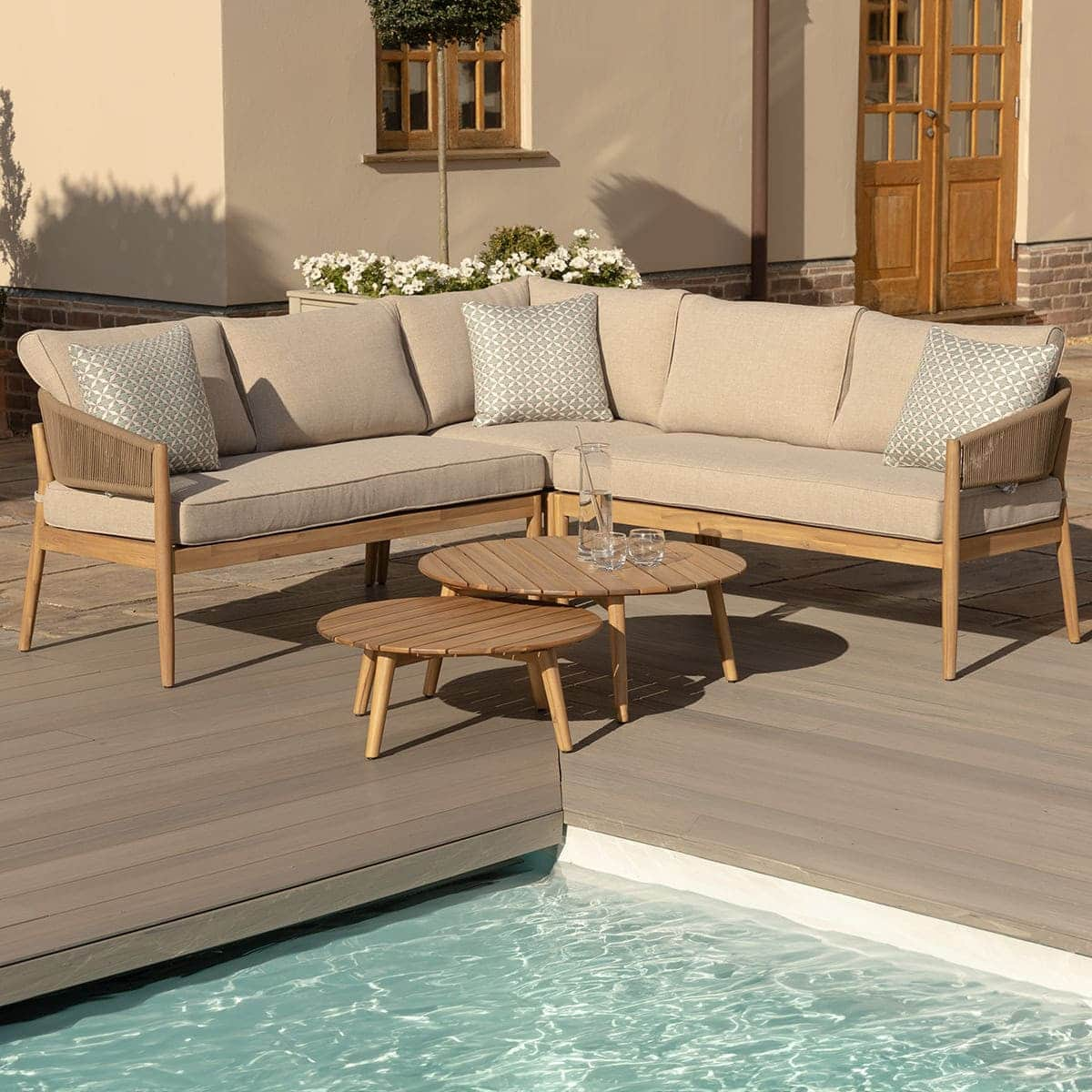 Maze Outdoor Porto Corner Sofa Set with Set of 2 Coffee Tables in Sandstone