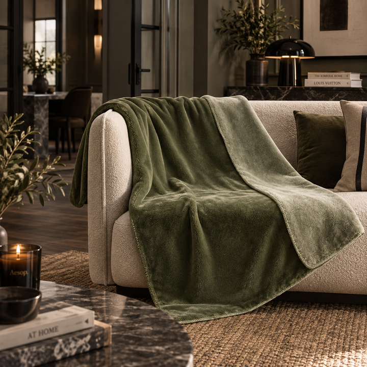 An olive green plush throw blanket draped over a cream-colored sofa in a cozy, modern living room setting.