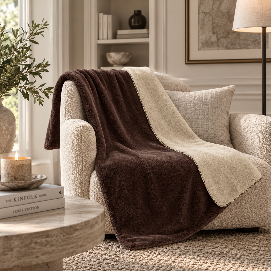 A plush throw blanket draped over a cream bouclé armchair in a warm, styled living room. The blanket has a rich dark brown side and a cream side, with a soft border separating the two.