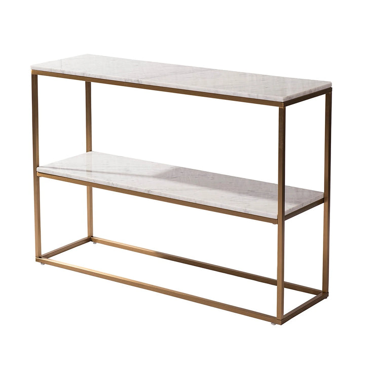 Console table with marble top and gold frame on a white background