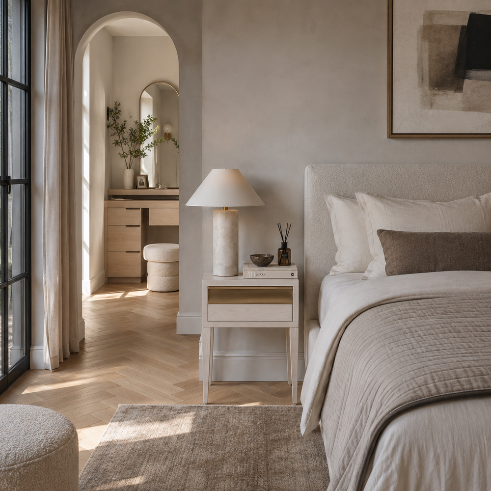 A beautifully styled bedroom featuring a bed with neutral beige and white bedding, a matching bedside table, a textured white table lamp, and a neutral-toned rug. The room has soft beige walls, light wood herringbone flooring, and an arched doorway leading to a vanity area.