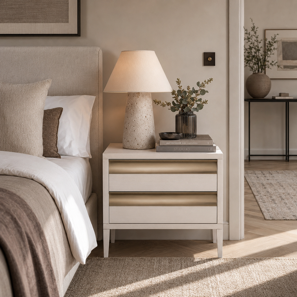 A modern white nightstand with two drawers and horizontal gold-toned accents, styled in a bedroom next to a bed with neutral bedding. On top of the nightstand sits a lit table lamp with a textured beige base and a small vase with greenery.
