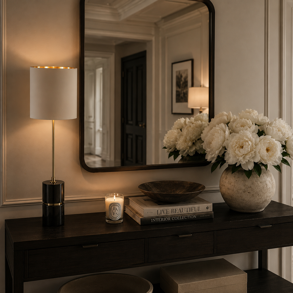 A styled interior scene with a dark wood console table, a lit table lamp, a candle, a stack of books, a large vase of white peonies, and a wall mirror reflecting a hallway. No person or animal is present, but this is not a clean isolated product shot; it is a real room environment, so subject_type is Lifestyle.
