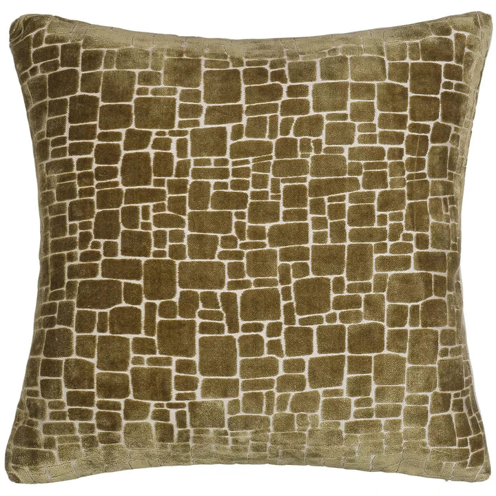 Bergen Cut Velvet Abstract Squares Cushion - Olive