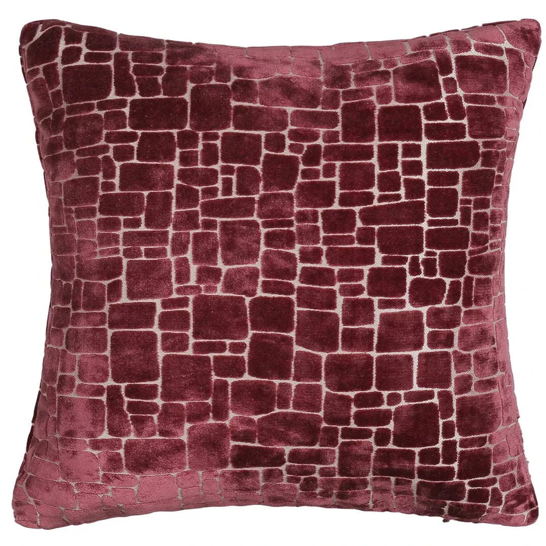 Bergen Cut Velvet Abstract Squares Cushion - Wine