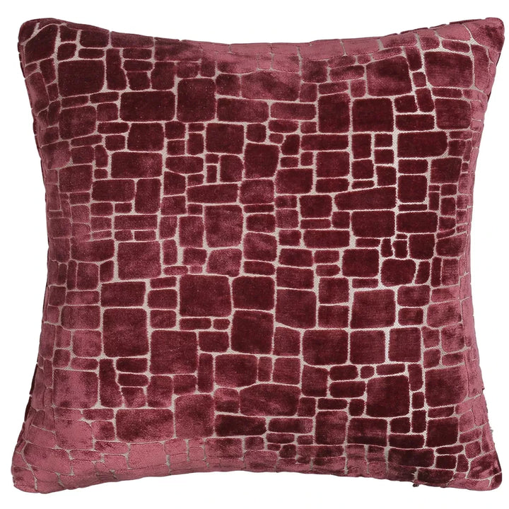 Bergen Cut Velvet Abstract Squares Cushion - Wine