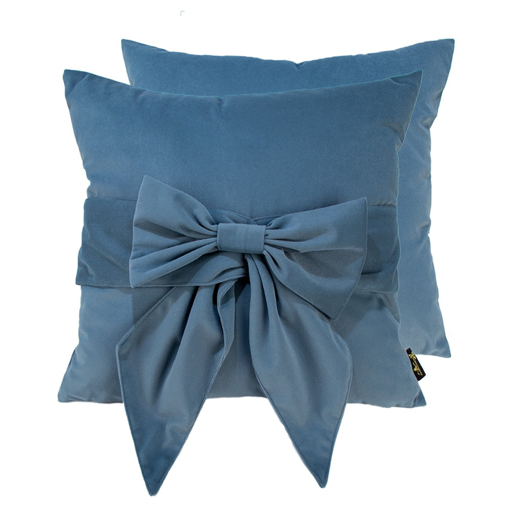 Tied Up Velvet Bow Cushion 45x45cm - Blue Malini 2