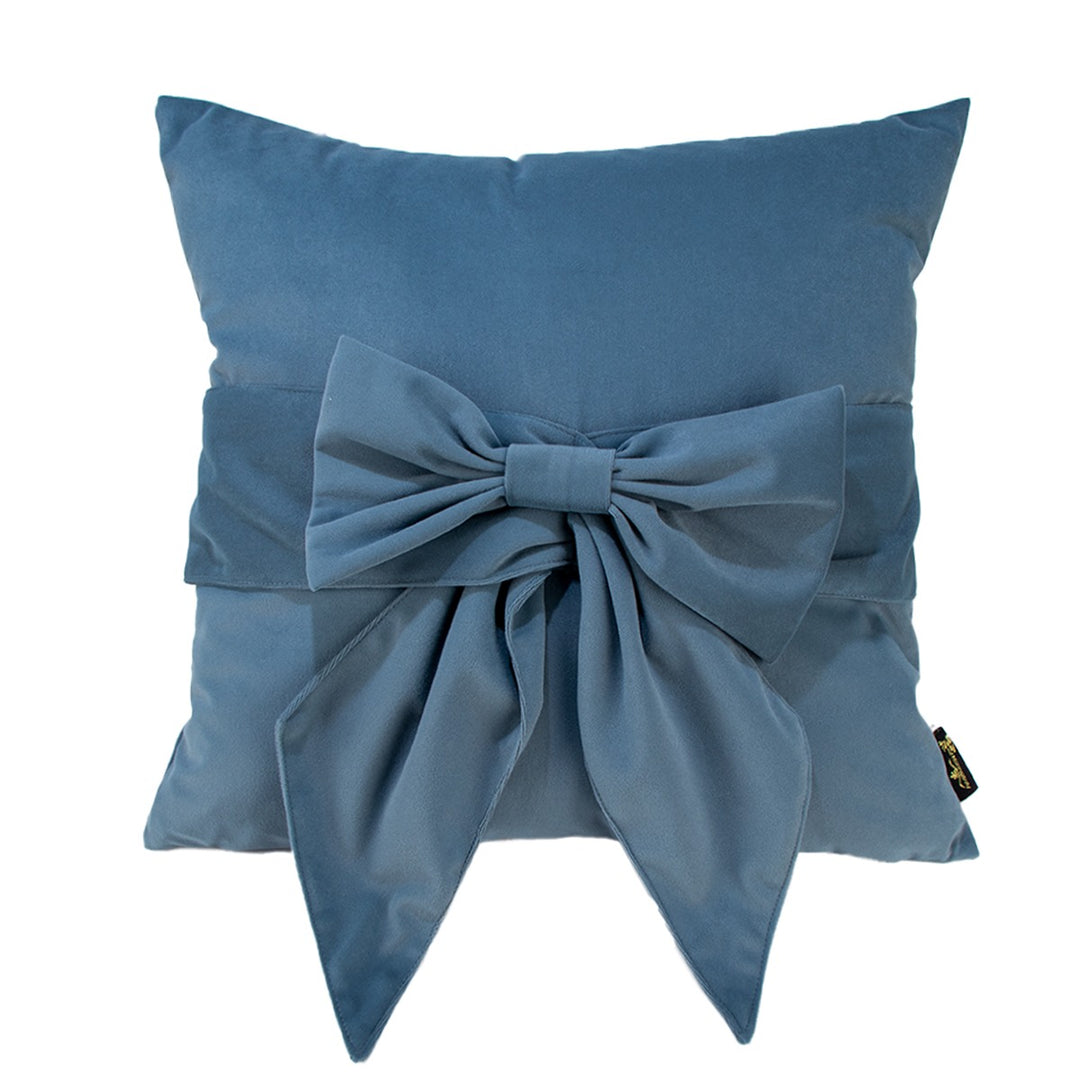 Tied Up Velvet Bow Cushion 45x45cm - Blue Malini 1