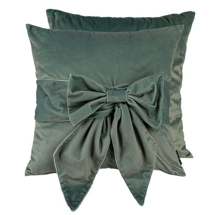 Tied Up Velvet Bow Cushion 45x45cm - Sage Green Malini 2