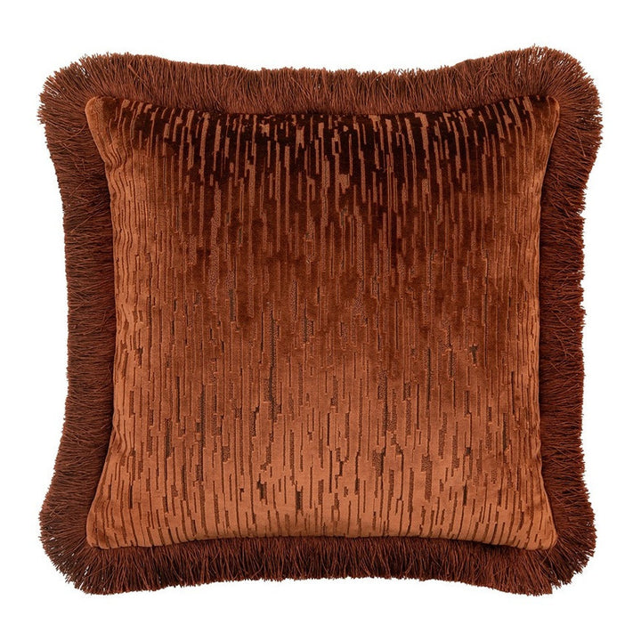 Cut Velvet Fringe Cushion 50cm - Terracotta GalleryDirect 1