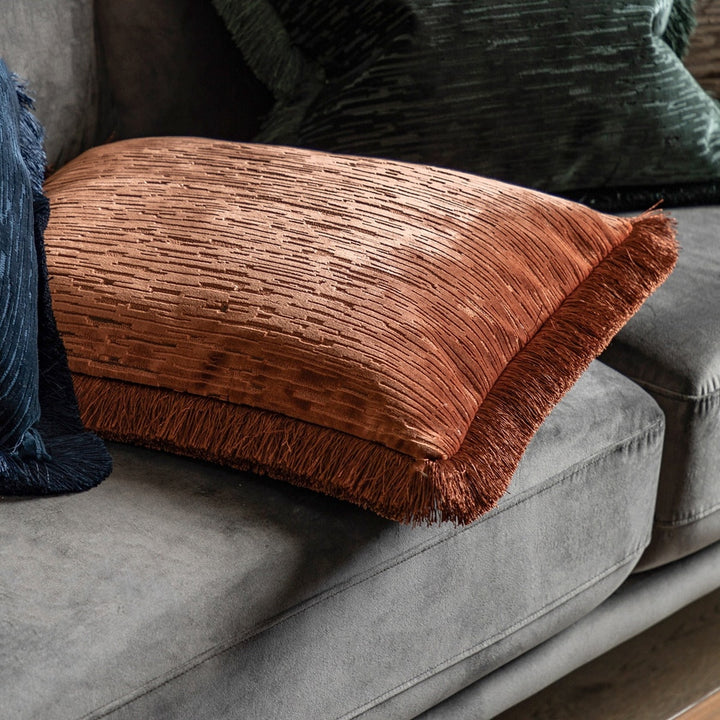 Cut Velvet Fringe Cushion 50cm - Terracotta GalleryDirect 2