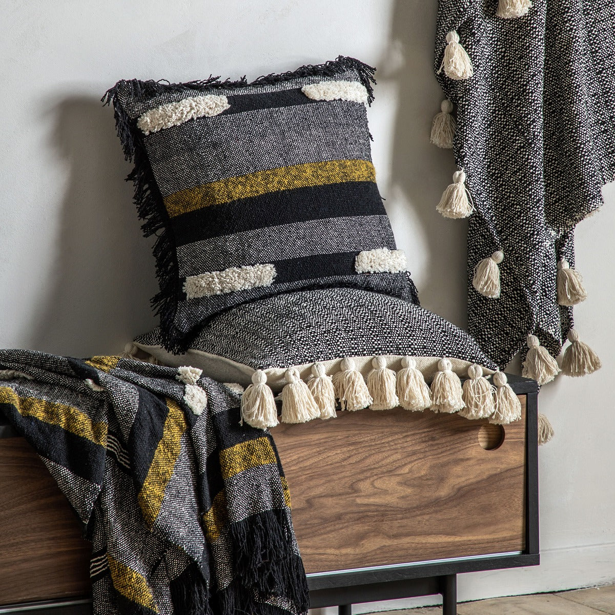 Gallery Interiors Woven Throw with Tassels Black