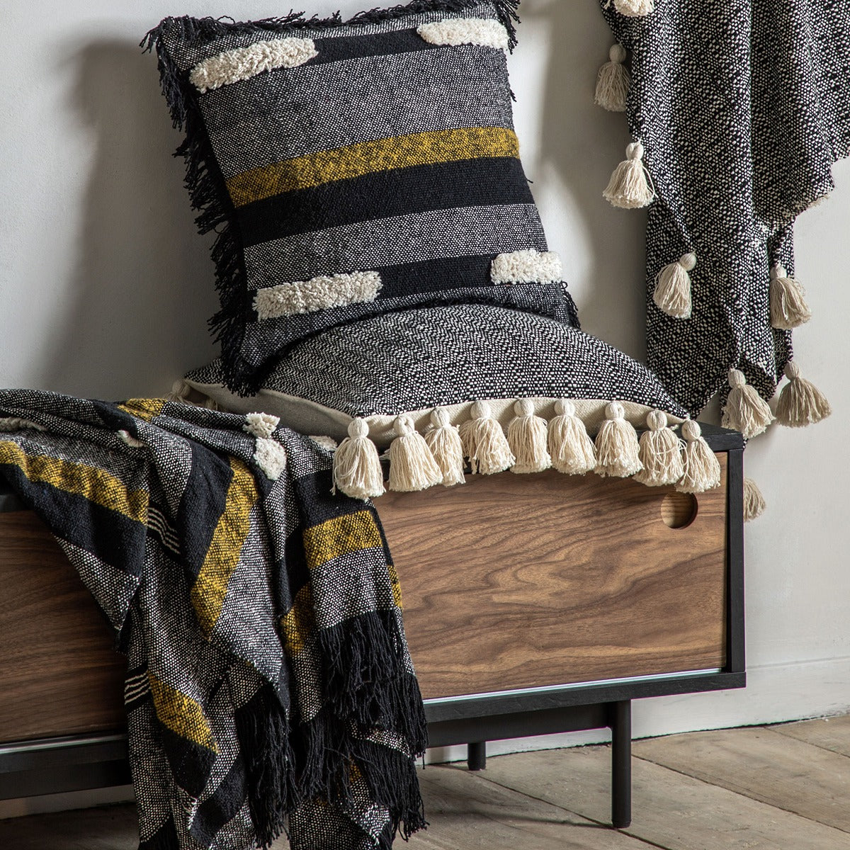 Gallery Interiors Woven Throw with Tassels Black