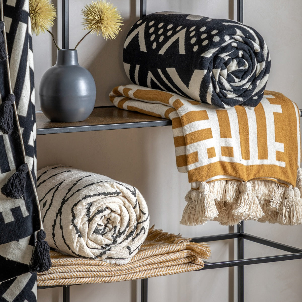 Gallery Interiors Jacquard Weave Throw with Fringe Ochre