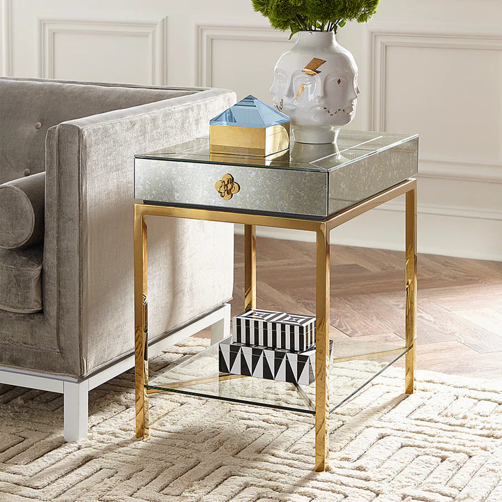 Delphine Tall Square Side Table - Antique Mirror & Brass Design Maven 4