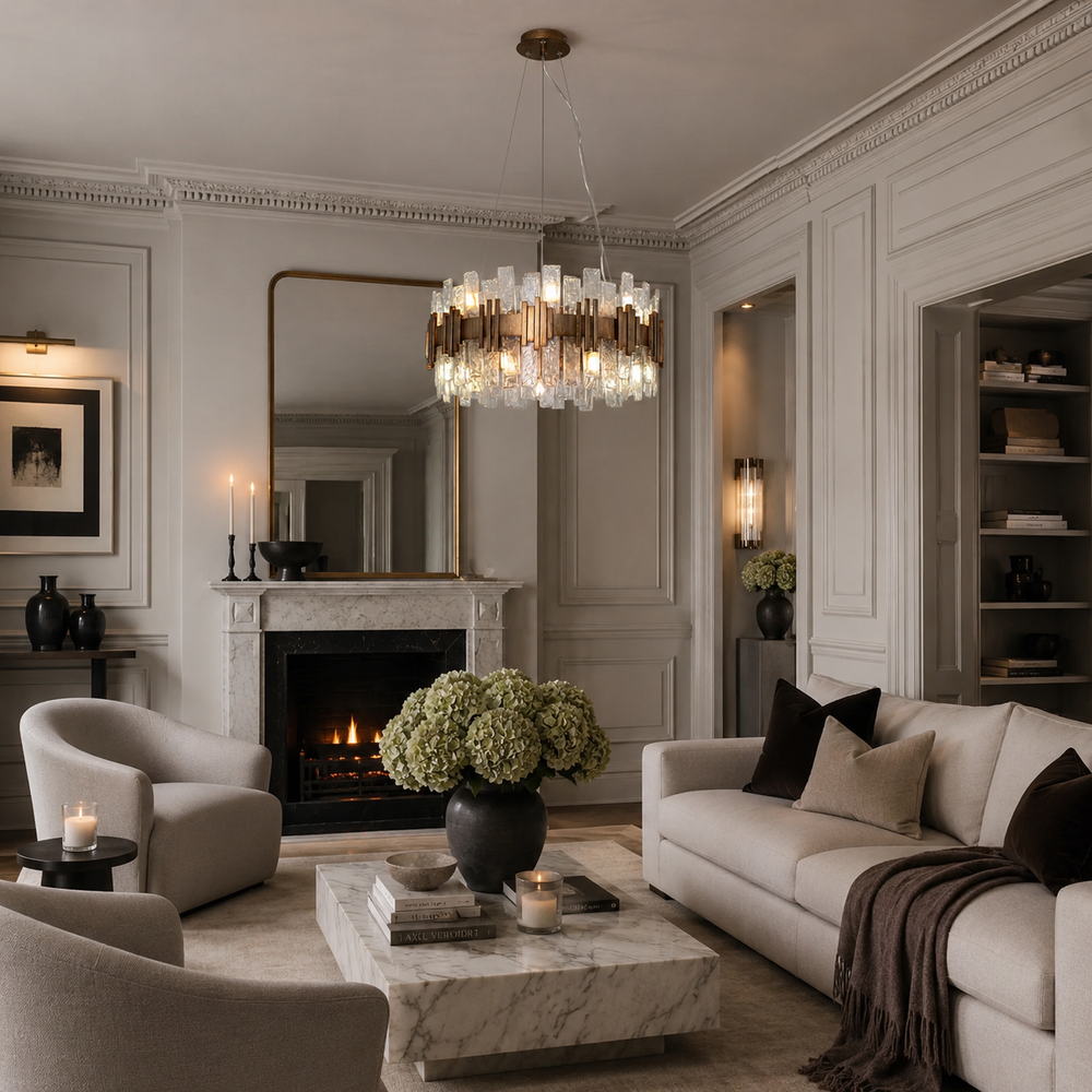 A luxury living room featuring a modern multi-light chandelier with clear crystal-like drops and warm gold-toned accents, hanging above a marble coffee table in a classic cream-colored room with a fireplace, sofa, and armchairs.