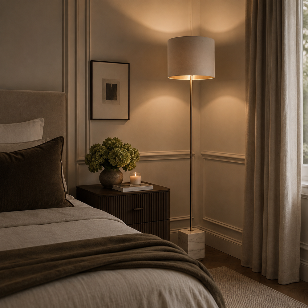 A modern floor lamp with a cylindrical drum shade and slim metallic stand illuminates a warm-toned bedroom scene with a bed, bedside table, framed wall art, and curtains.