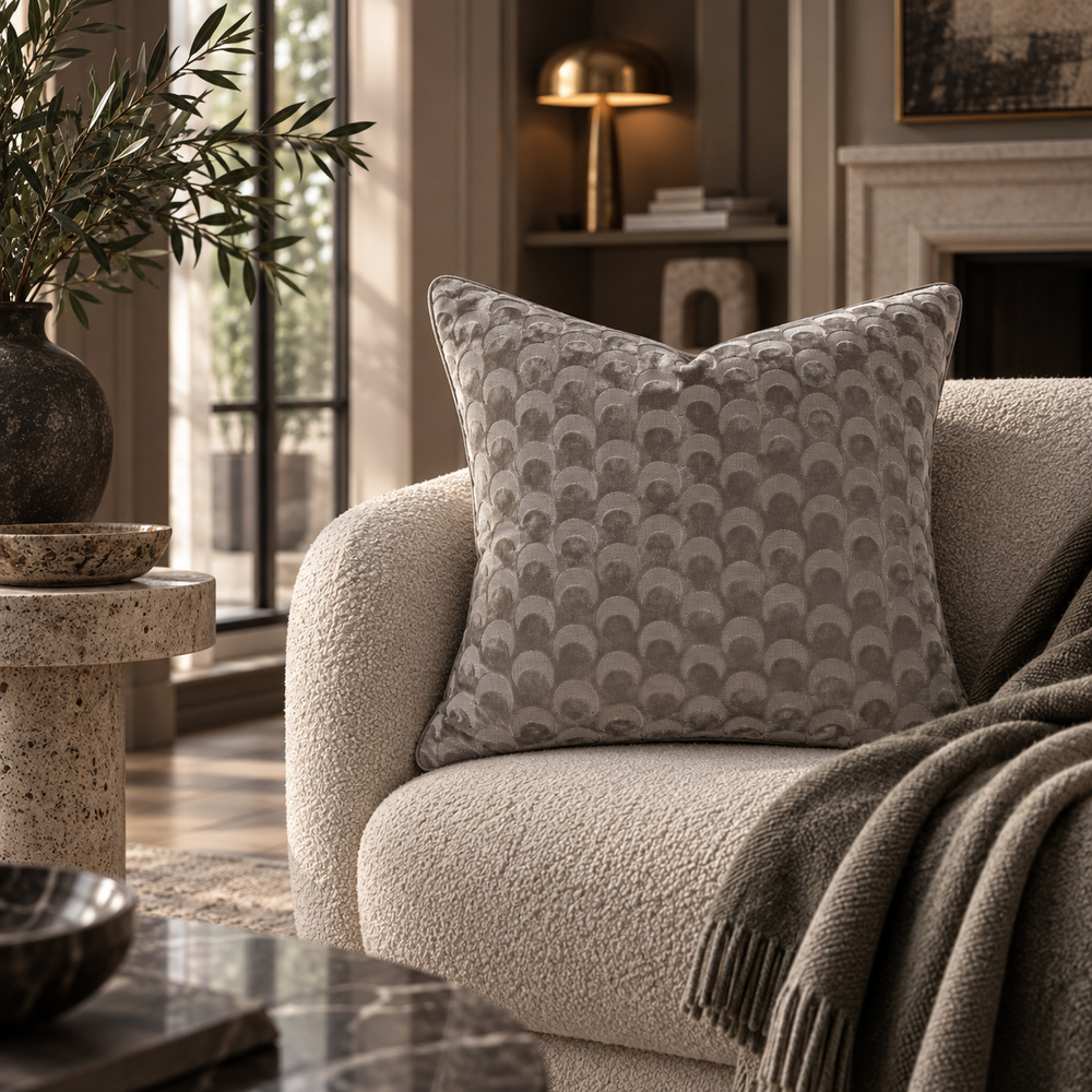 A square throw pillow with a repeating taupe arch pattern on a light gray background, styled on a cream bouclé armchair in a warm, modern living room setting.