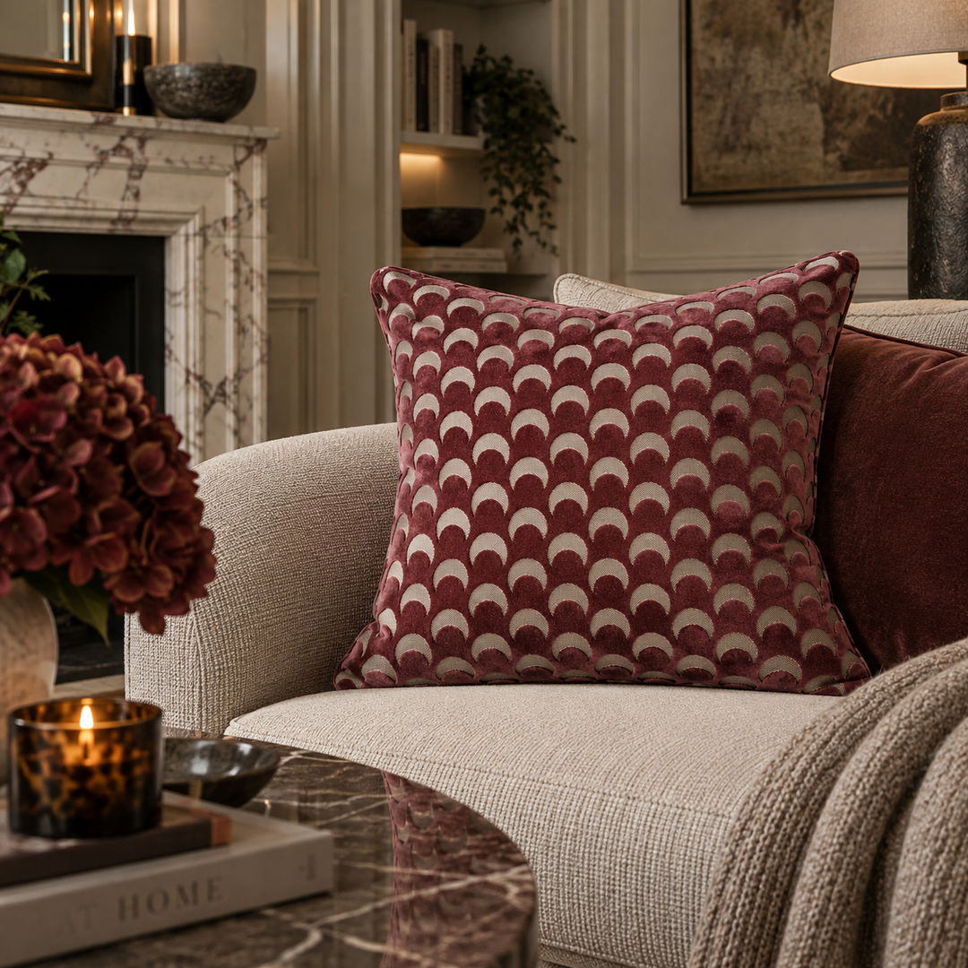 A decorative throw pillow with a repeating scallop pattern in burgundy and cream, styled on a beige armchair in a cozy, elegant living room setting.