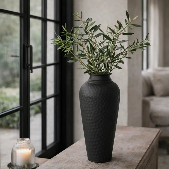 Matt Black Hammered Vase with Lid