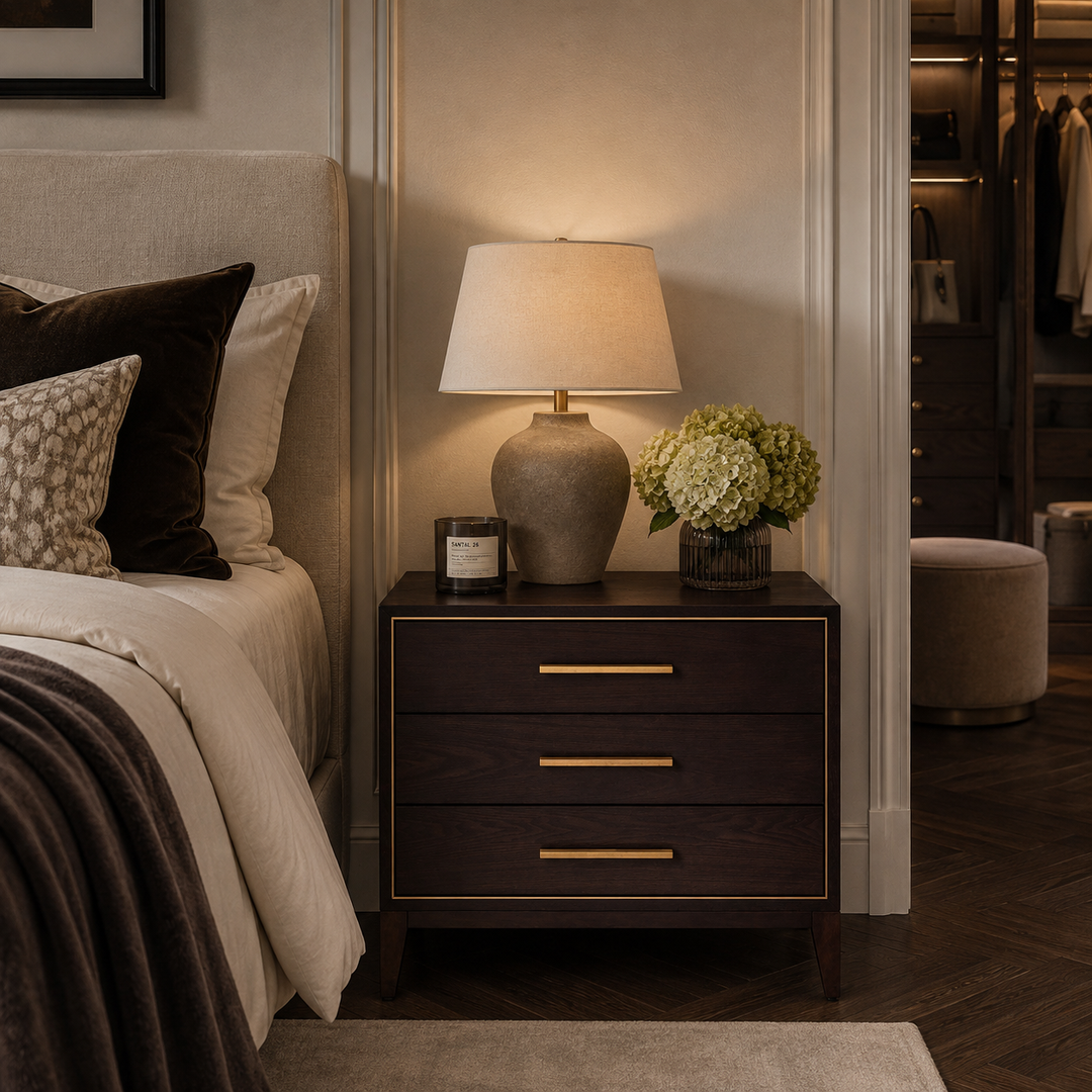 A dark wood three-drawer nightstand in a styled bedroom, featuring gold-tone metal handles, a lit table lamp, a small jar candle, and a vase of green hydrangeas.