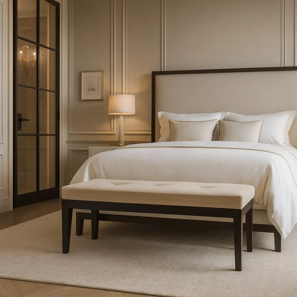 Contemporary bedroom image with beige linen headboard and dark wood frame on a soft beige rug