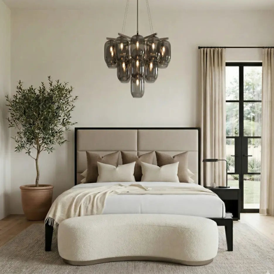 Luxury Bedroom with smoked glass chandelier 