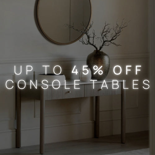 Console table with decorative items and a sale text overlay in a room setting.