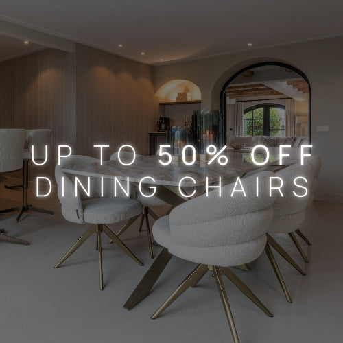 Dining room with a table and chairs, promotional text overlay for dining chairs sale.
