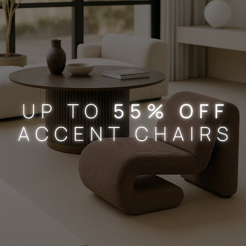 Modern brown accent chair in a living room setting with promotional text overlay.