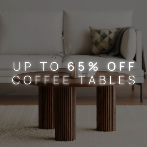 Wooden coffee table in a living room with promotional text overlay