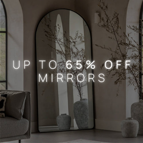 Large arched mirror in a room with decorative elements and promotional text overlay.