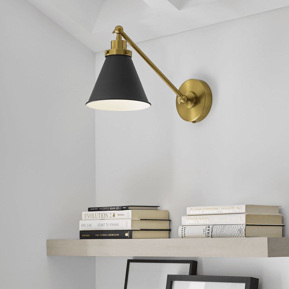 Wellfleet Single Arm Cone Task Sconce - Midnight Black & Burnished Brass with Matte Black Visual Comfort 5
