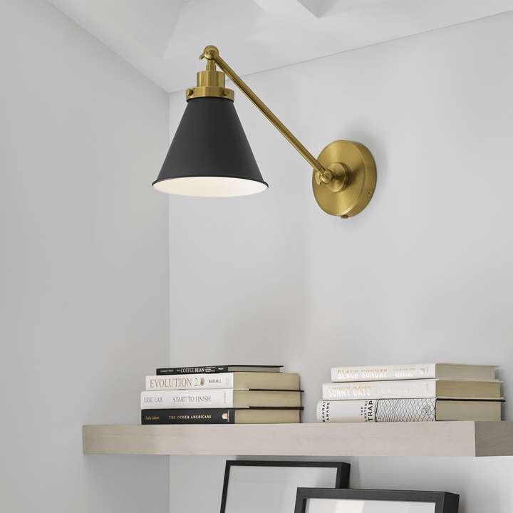 Wellfleet Single Arm Cone Task Sconce - Midnight Black & Burnished Brass with Matte Black Visual Comfort 5
