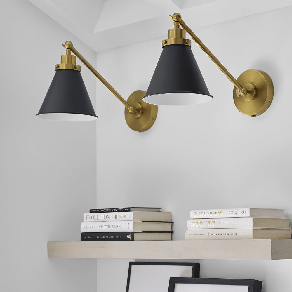 Wellfleet Single Arm Cone Task Sconce - Midnight Black & Burnished Brass with Matte Black Visual Comfort 6