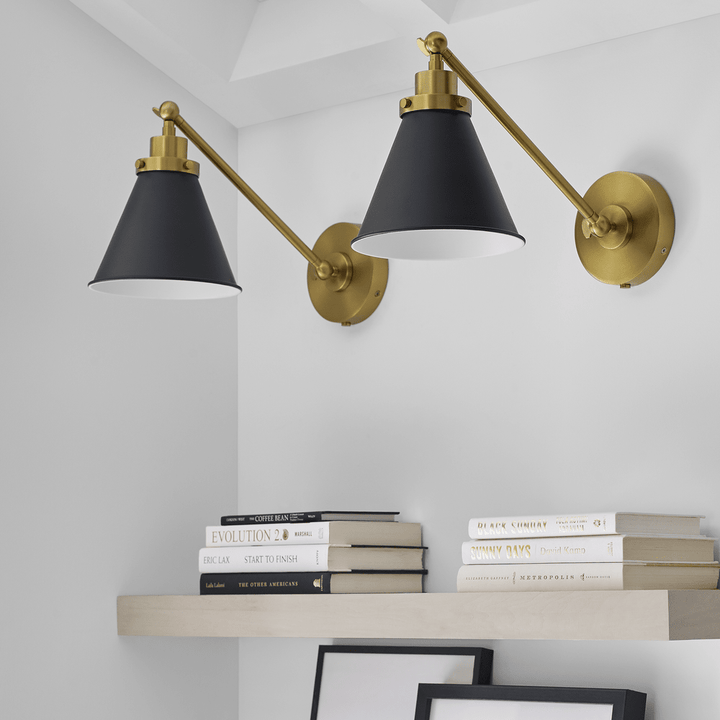 Wellfleet Single Arm Cone Task Sconce - Midnight Black & Burnished Brass with Matte Black Visual Comfort 6