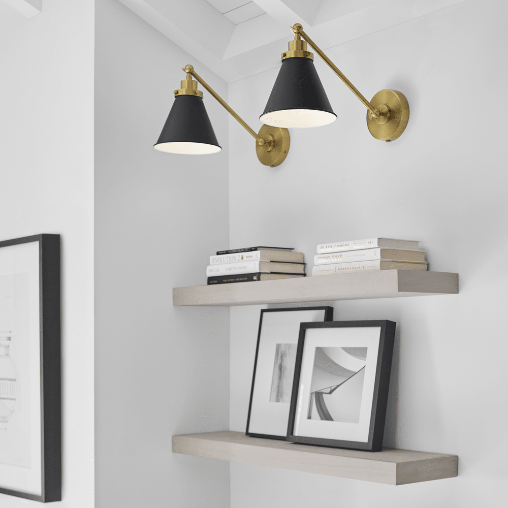 Wellfleet Single Arm Cone Task Sconce - Midnight Black & Burnished Brass with Matte Black Visual Comfort 3