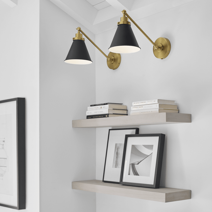 Wellfleet Single Arm Cone Task Sconce - Midnight Black & Burnished Brass with Matte Black Visual Comfort 3