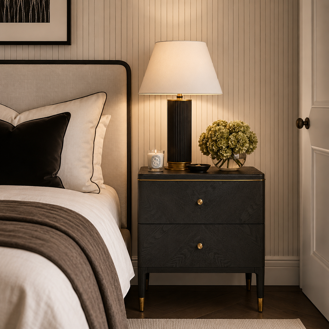 A modern black nightstand with gold-tone knobs and brass legs stands beside a bed in a styled bedroom. The nightstand holds a lit table lamp with a white shade, a small candle, and a floral arrangement.