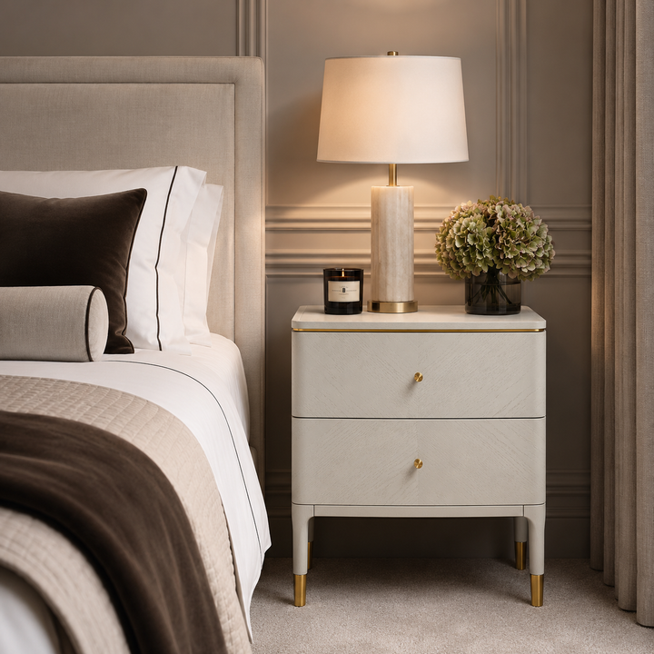 A modern two-drawer nightstand in a warm off-white textured finish with gold-tone knobs and gold-toned legs, styled in a bedroom next to a bed. It features a lit table lamp, a small candle, and a vase of flowers.
