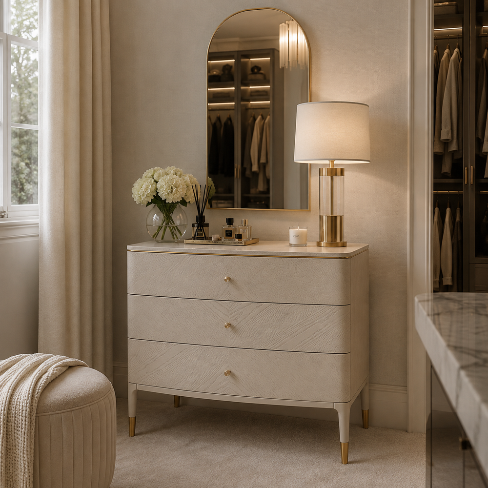A cream-colored three-drawer dresser with gold legs and knobs, styled in a luxurious bedroom or dressing area with a matching arched mirror, a lit table lamp, and white flowers.