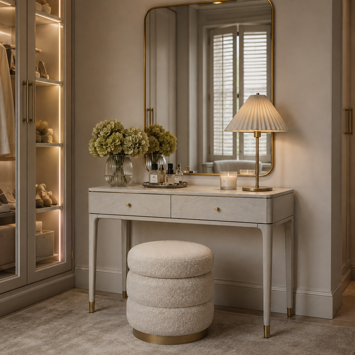 A styled dressing table setup in a bedroom or dressing room, featuring a light gray console table with two drawers, a matching round upholstered stool, a large wall mirror, a pleated table lamp, and two glass vases with pale green hydrangea bouquets. A built-in wardrobe with warm interior lighting is visible on the left.