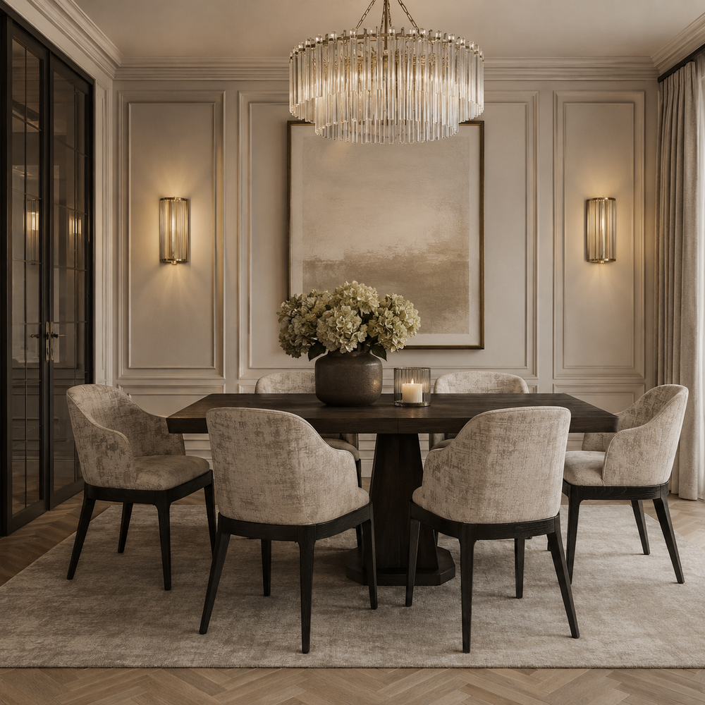 A luxury dining room featuring a dark wood dining table surrounded by six upholstered armchairs in a textured beige fabric. The room is decorated with a large glass chandelier, warm wall sconces, a large abstract painting, and a light-colored rug.